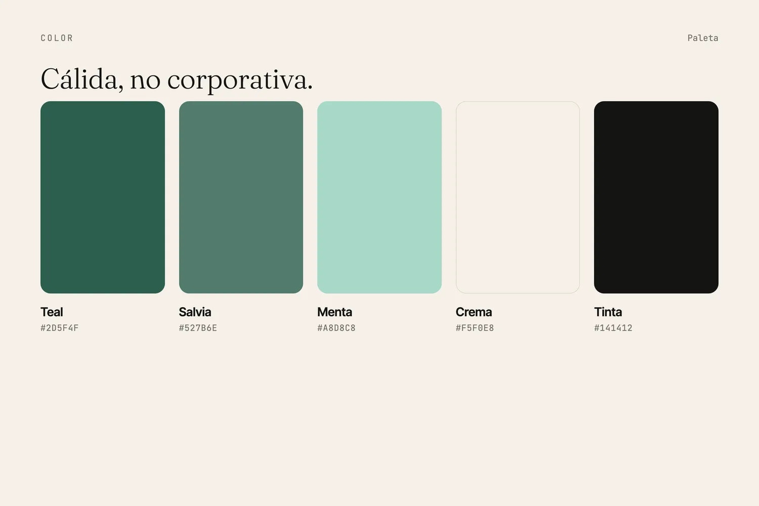 La paleta de Bisup en bandas de color: crema, teal, verde profundo, salvia, menta y un casi-negro